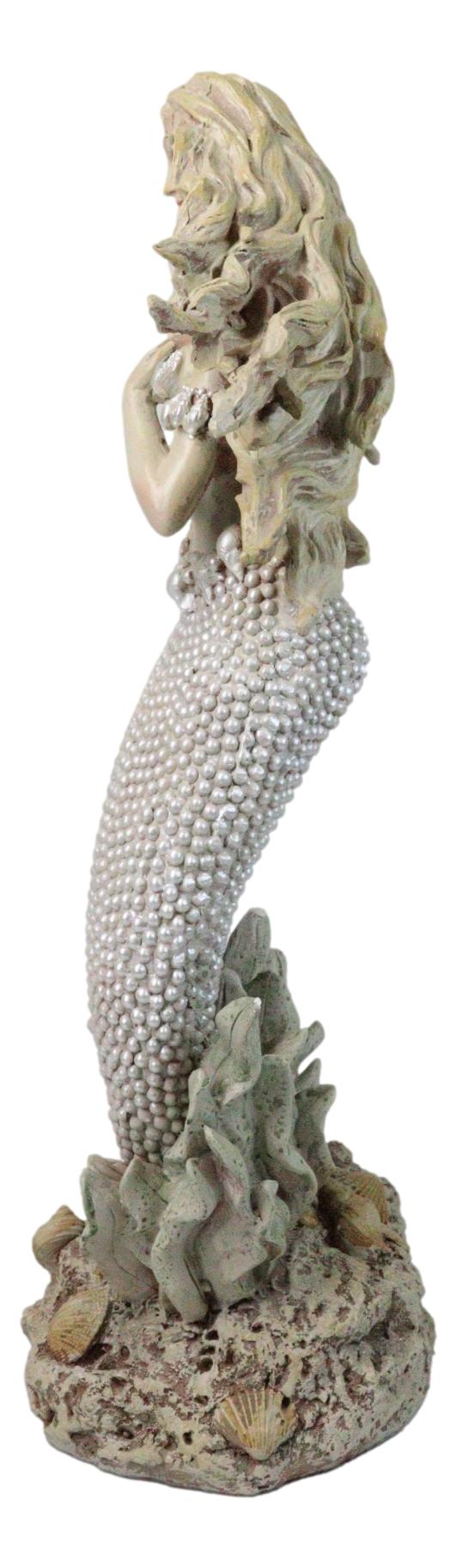 Marine Vintaged Pearly White Ariel Mermaid Sitting On Sea Rock Figurine 16" H