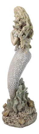 Marine Vintaged Pearly White Ariel Mermaid Sitting On Sea Rock Figurine 16" H