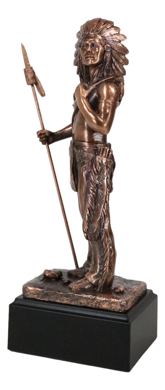 Indian Chief Hero With Spear Hunter Electroplated Bronze Figurine With Base