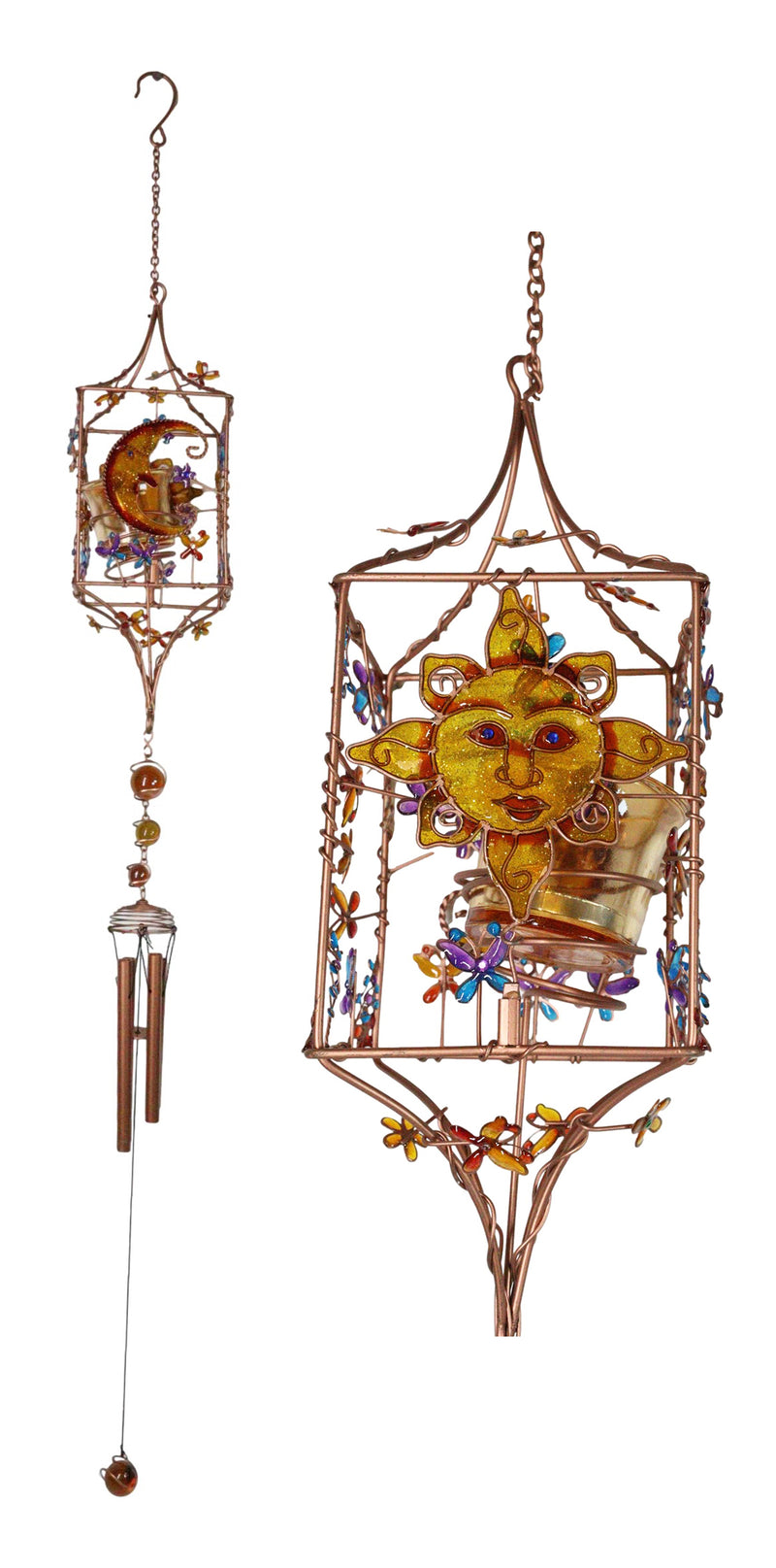 Celestial Sun Moon Christian Cross Art Glass Metal Candle Holder Wind Chime