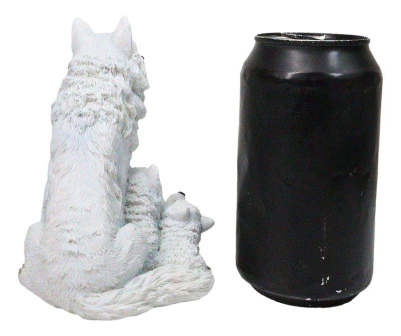 Winter Snow White Wolf Mother Sitting with 3 Adorable Cubs Family Figurine Decor