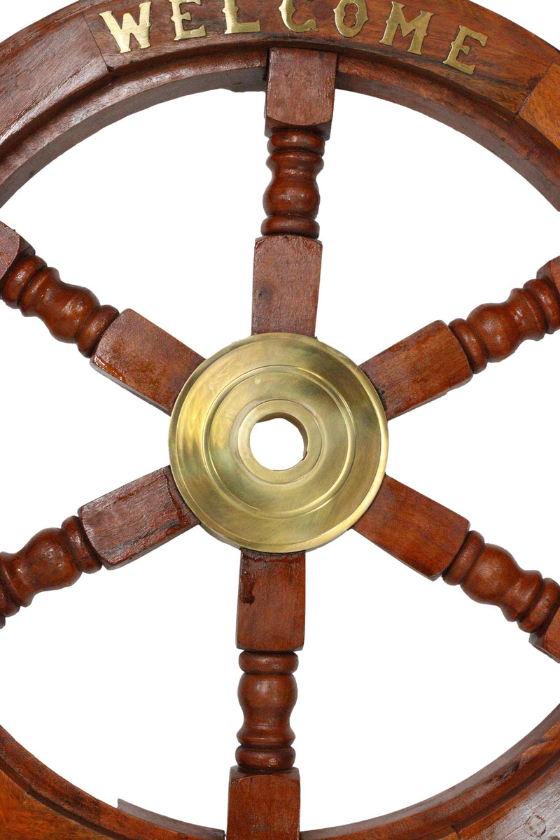 Nautical Marine Vintage Wood Brass Ship Steering Helm Boat Wheel Wall Decor 23"D