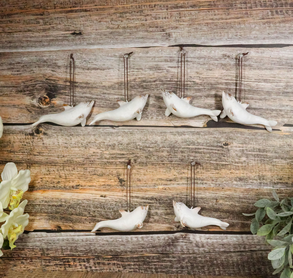 Set Of 6 Antique White Dolphins Ocean Marine Wall Hanging Decor Tree Ornaments