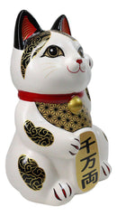 Japanese Lucky Charm White Beckoning Cat Maneki Neko Ceramic Money Bank 6"H