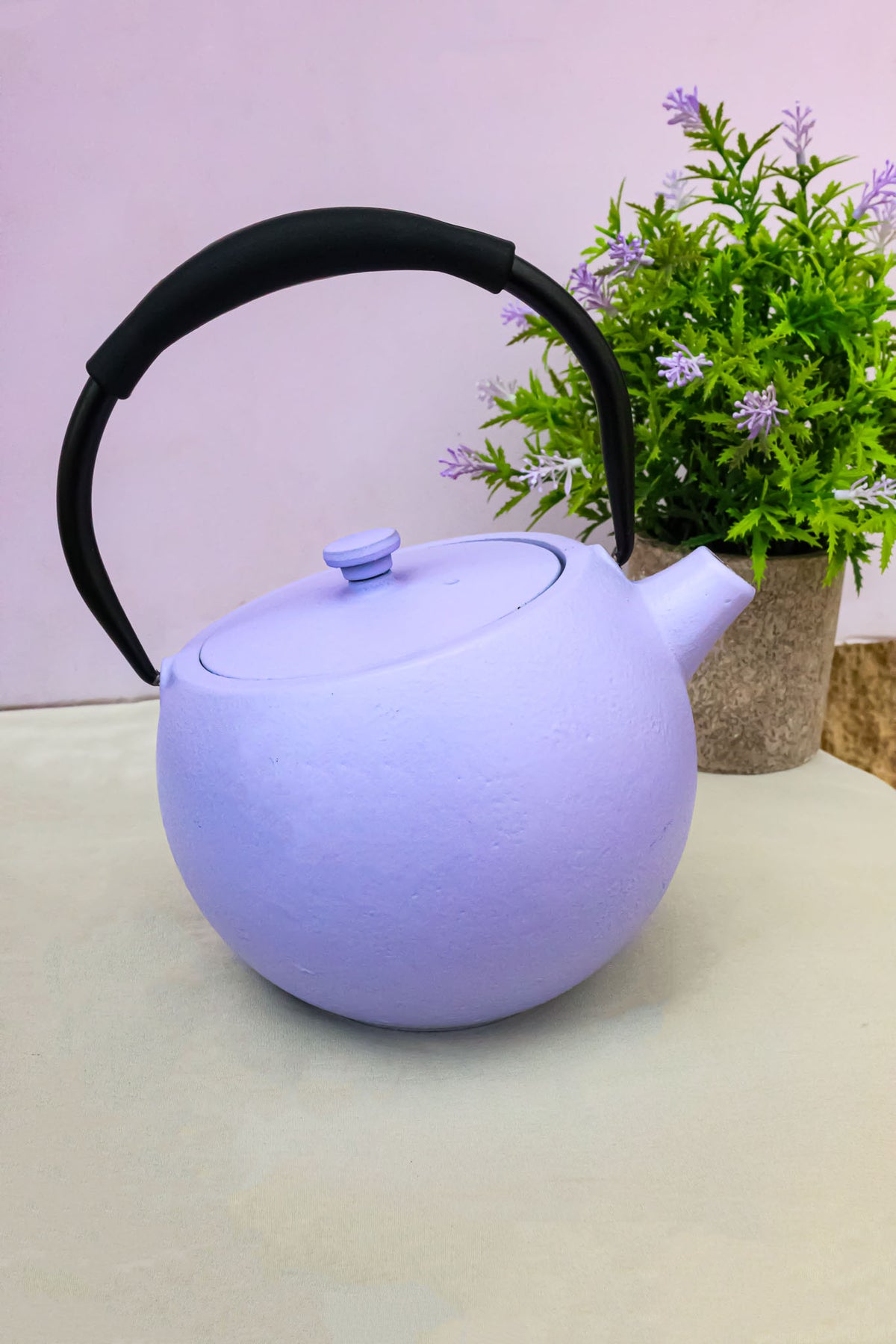 Pastel Purple Minimalist Tilted Round Cast Iron Teapot 28oz Tea Pot With Handle