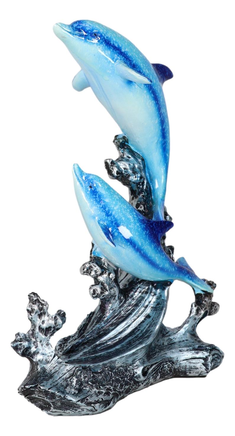 Nautical Marine Sea Ocean 2 Blue Dolphins Leaping Out Of The Reef Waves Figurine