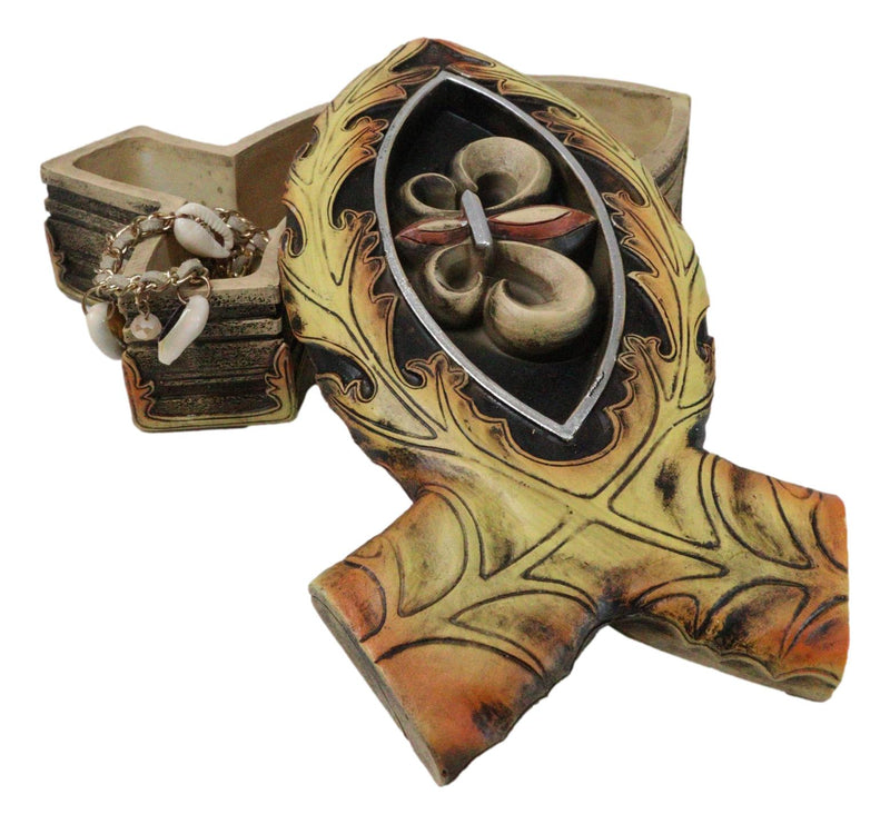 Faux Wood Jesus Fish Ichthys With Fleur De Lis Cross Decorative Trinket Box