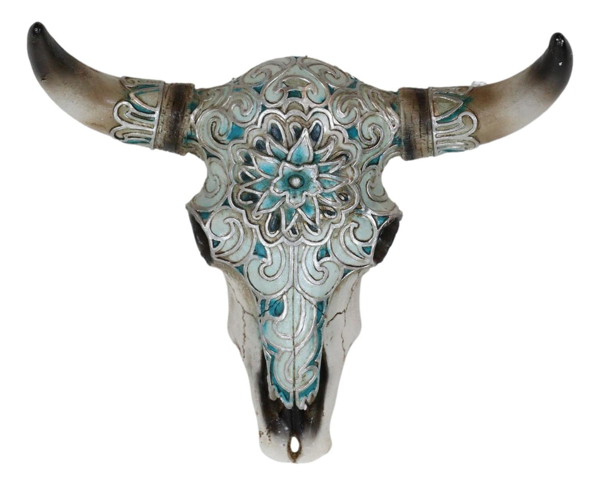 Western Turquoise Floral Horned Cow Skull Wall Decor Plaque