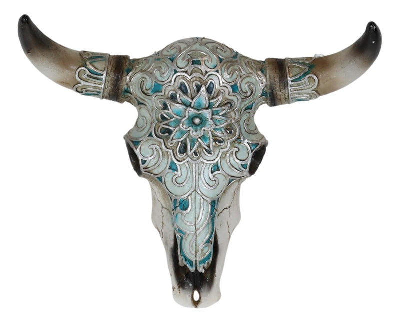 Western Turquoise Floral Horned Cow Skull Wall Decor Plaque
