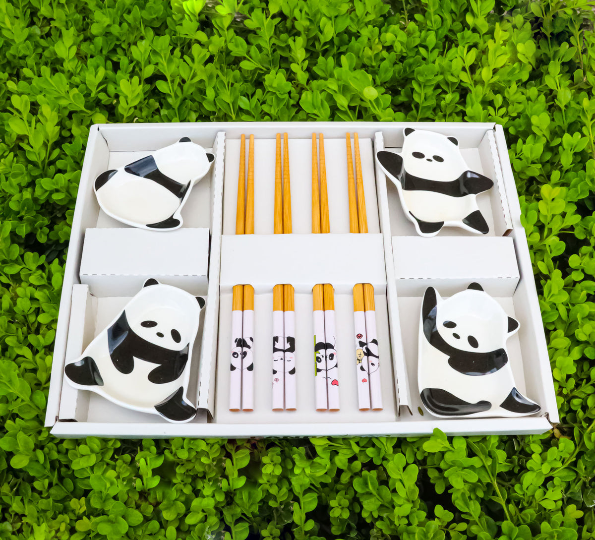 Happy Panda Bears Ceramic Sauce Dishes Chopsticks And Rests Sushi Set For 2
