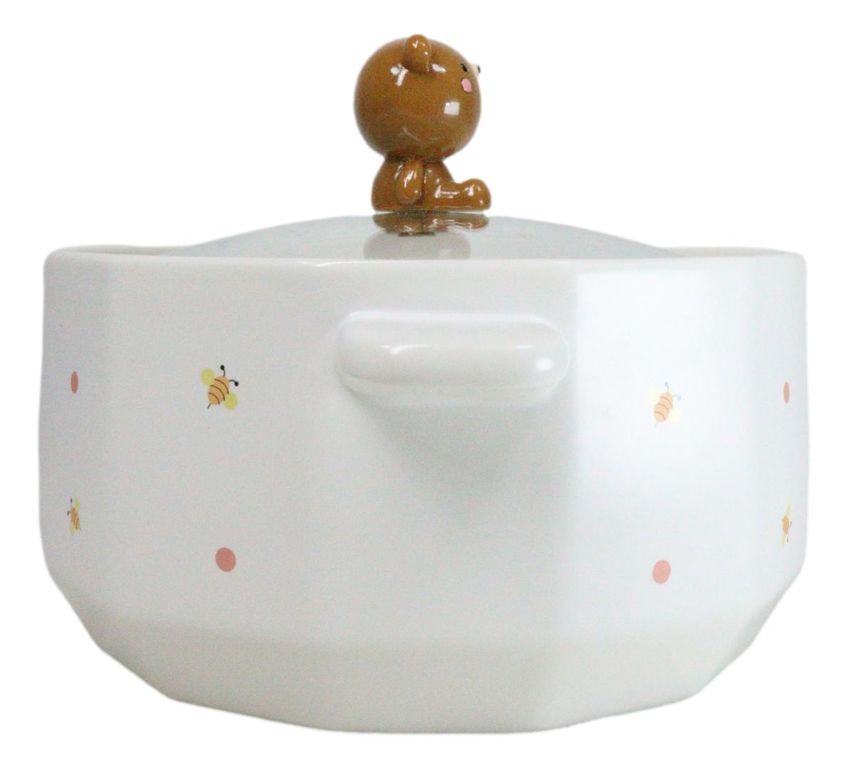 Ceramic Whimsical Honey Bees Bear 30oz Noodle Dessert Food Bowl W/ Glass Lid - Ebros Gift