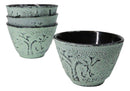 Mint Green Bamboo Etching Japanese Tetsubin Style Cast Iron Tea Cups Set of 4