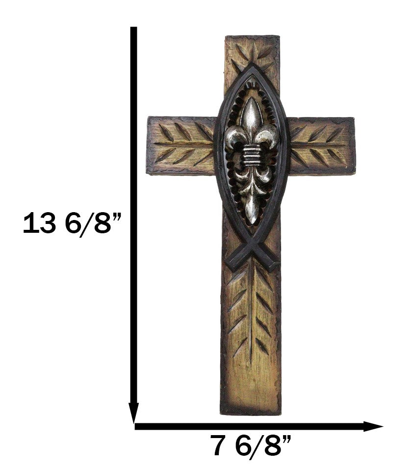 Rustic Ichthys Jesus Fish With Fleur De Lis Olive Carving Faux Wood Wall Cross
