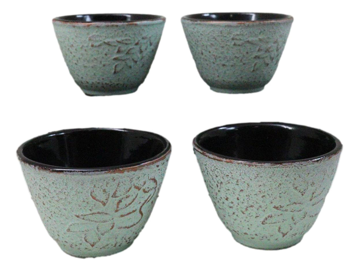 Pack Of 4 Seafoam Green Floral Petals Cast Iron Tetsubin Textured Tea Cups 3oz