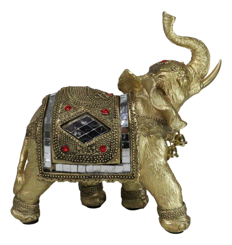 Golden Feng Shui Trunk Up Elephant With Gemstones Bullhook Tapestry Figurine