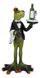 Green Toad Frog Silver Service Butler With Wine Glass And Bottle Figurine 7"H