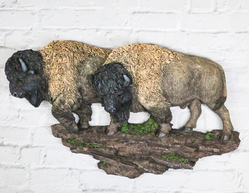 Native American Brown Bison Buffalo Herd On Pasture Wall Sculpture Relief 14"L