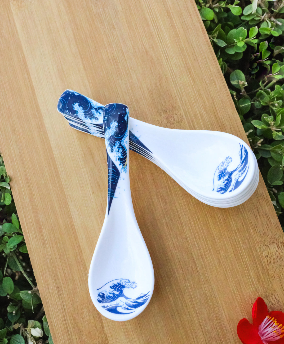 Set of 6 Great Wave Hokusai Porcelain Asian Soup Spoons Japanese Ramen Pho