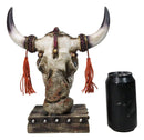 Rustic Western Cow Skull Turquoise Diamond Scrollwork Tassels Trophy Figurine