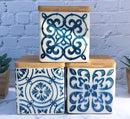 Set of 3 Ceramic Blue And White Tuscany Tiles Canister Storage Jars Bamboo Lid