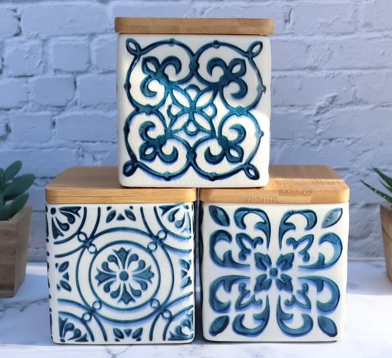 Set of 3 Ceramic Blue And White Tuscany Tiles Canister Storage Jars Bamboo Lid