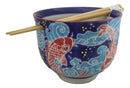 Auspicious Red Koi Fishes In Blue Waters Donburi Ramen Bowl With Chopsticks Set