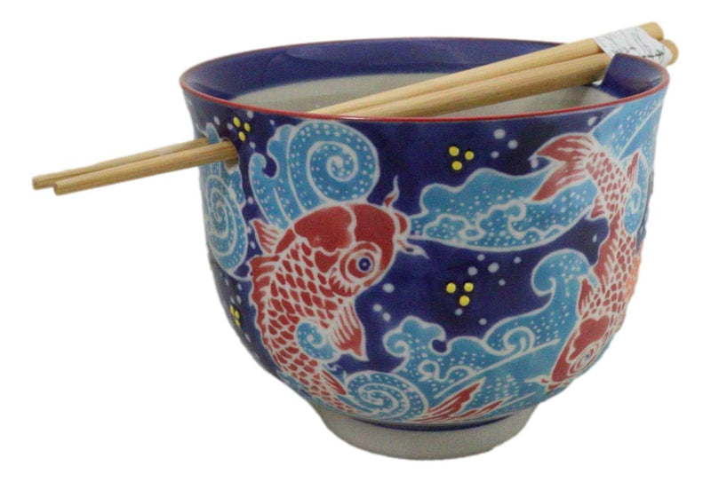 Auspicious Red Koi Fishes In Blue Waters Donburi Ramen Bowl With Chopsticks Set
