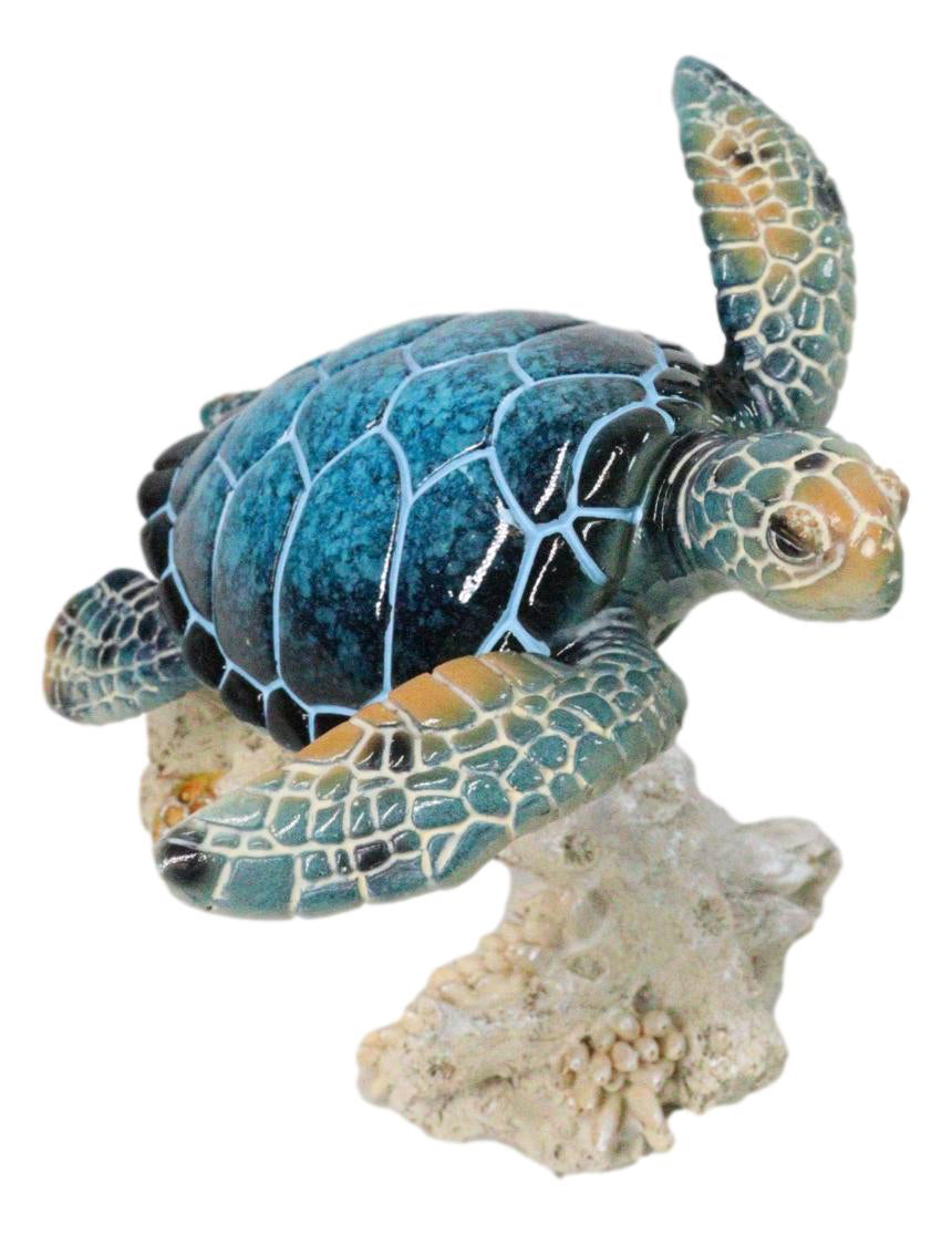 Ebros Sea Turtle Blue Shell Swimming Over Coral Reef Resin Figurine 4.25"H