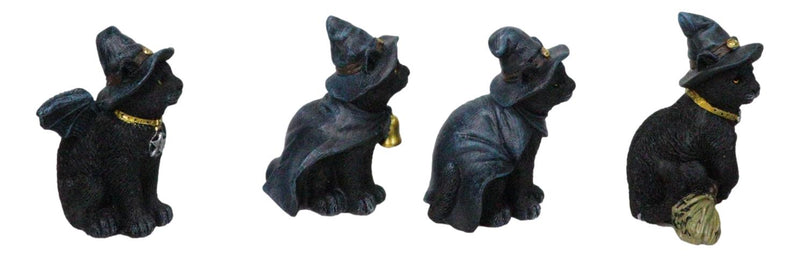 Set of 4 Halloween Black Cats With Witch Hats Broom Pentagram Mini Figurines