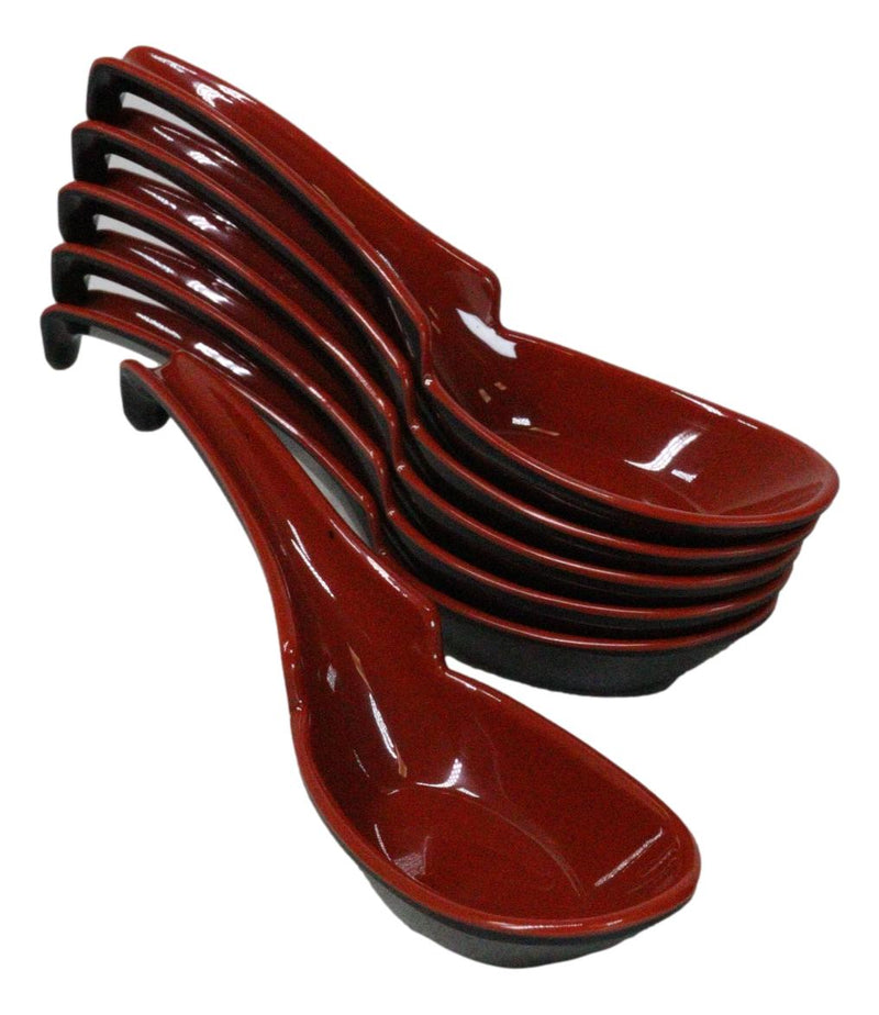 Sleek Red Black Melamine Asian Soup Spoons With Ladle Hook & Notch Set Of 6