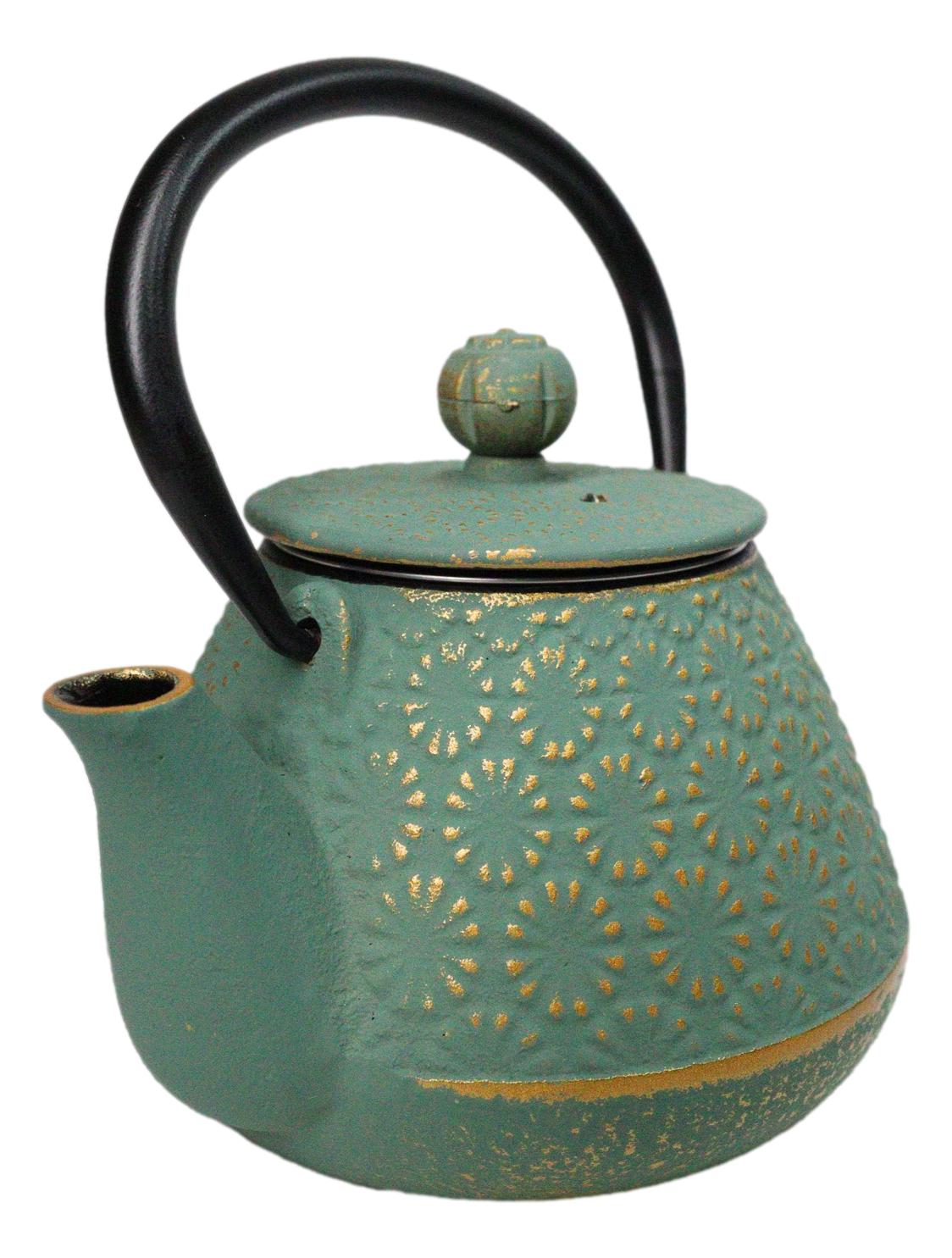 Green And Gold Chrysanthemum Textured Petite Cast Iron Teapot 10oz Tea Pot