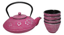 Magenta Ume Plum Floral Blossoms Tetsubin 27oz Cast Iron Tea Pot With 4 Cups Set