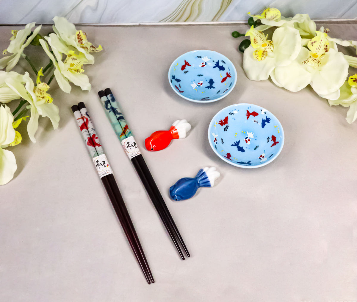 Goldfish Kingyo Pastel Blue Sauce Dishes Chopsticks And Rests Sushi Set For 2
