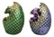 Set of 2 Green And Pink Baby Dragons In LED Faux Geode Eggs With Dragon Scales