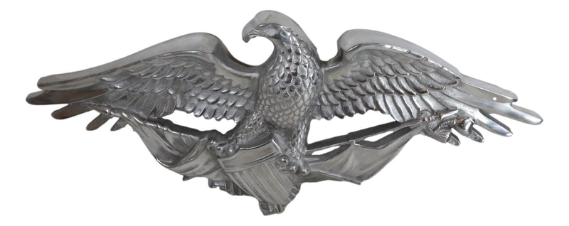 Large 26" Polished Aluminum Bald Eagle Clutching USA Flags And Crest Wall Decor