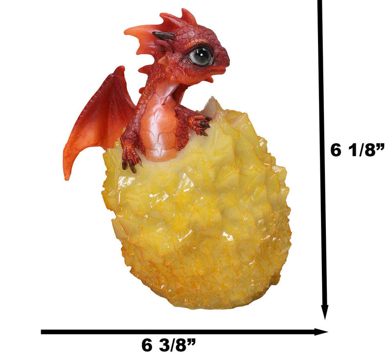 Whimsical Cute Red Baby Dragon Hatchling in Crystal Icicle Golden Egg Figurine