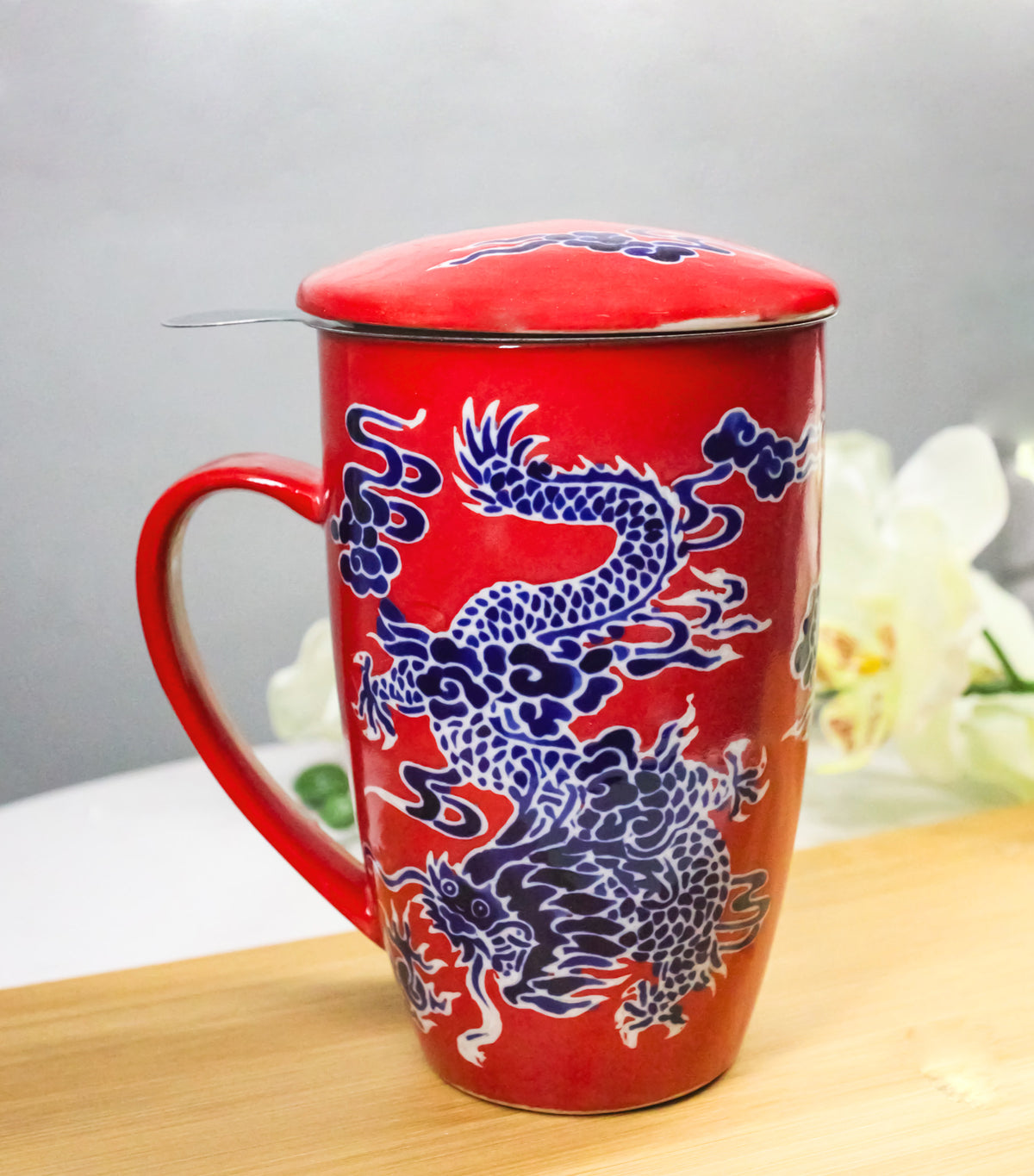 Red Oriental Dragon King 15oz Porcelain Tea Mug With Lid Stainless Steel Infuser