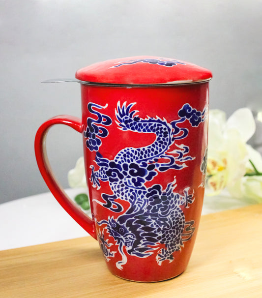 Red Oriental Dragon King 15oz Porcelain Tea Mug With Lid Stainless Steel Infuser