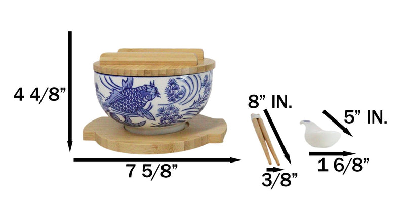 White Blue Koi Fish 28Oz Donburi Ramen Bowl With Lid Trivet Spoon Chopsticks Set