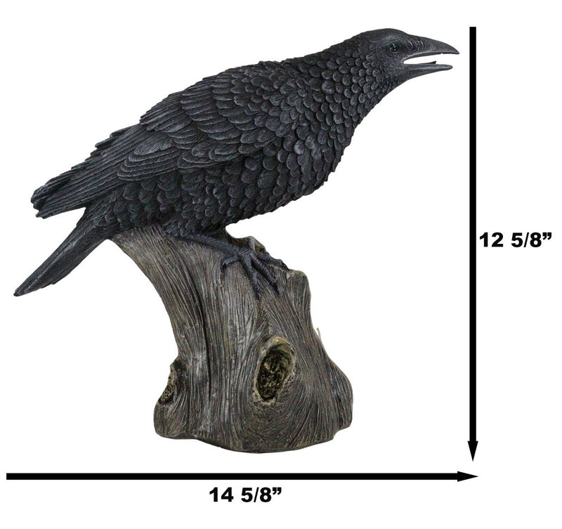 Ebros Large 14" Long Gothic Raven Crow Perching On Tree Stump Statue Figurine