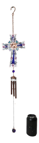 Blue Floral Aquamarine Cross With Gemstones Metal Scroll Filigree Wind Chime