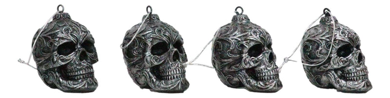 Set of 4 Day Of The Dead Faux Gunmetal Silver Tribal Tattoo Skull Tree Ornaments