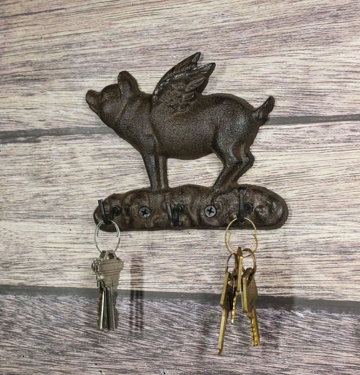 Cast Iron Whimsical Flying Pig Angel 3-Peg Wall Hook Decorative Sculpture - Ebros Gift
