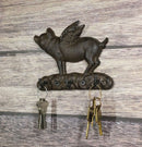 Cast Iron Whimsical Flying Pig Angel 3-Peg Wall Hook Decorative Sculpture