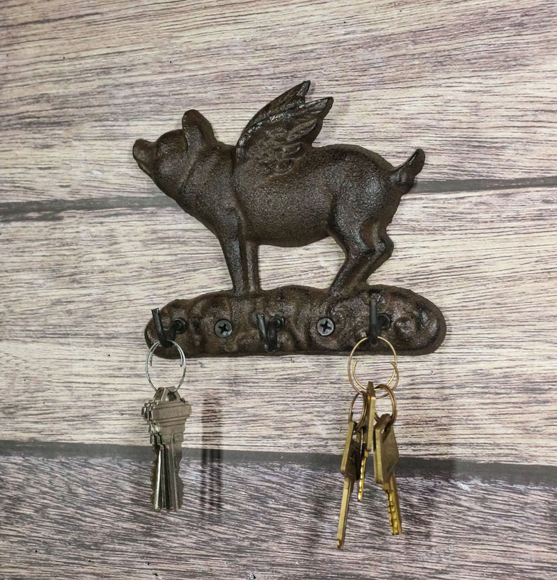 Cast Iron Whimsical Flying Pig Angel 3-Peg Wall Hook Decorative Sculpture