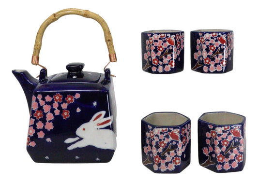 Blue Sakura Cherry Blossoms With Rabbit Hexagonal Teapot With 4 Tea Cups Set