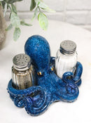 Blue Spotted Nautical Marine Cephalopod Octopus Salt Pepper Shakers Holder Set