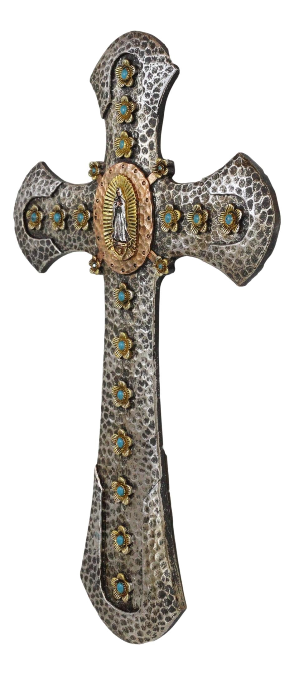 Catholic Lady Of Guadalupe Mary With Turquoise Gems Hammered Pattern Wall Cross