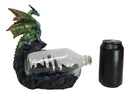 Green And Gold Dragon On Rock Cliff With Pirate Ship in Glass Bottle Figurine