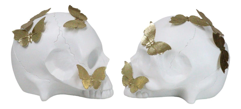 Metamorphosis Golden Butterflies On White Skull Halves Figurine Bookends Set